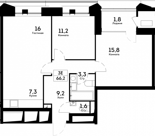 Трёхкомнатная квартира 66.2 м²