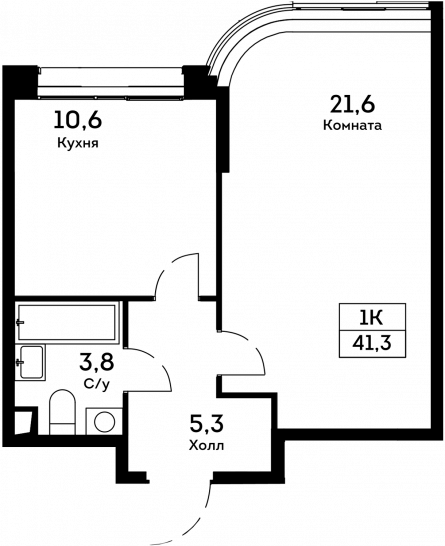 Однокомнатная квартира 41.3 м²