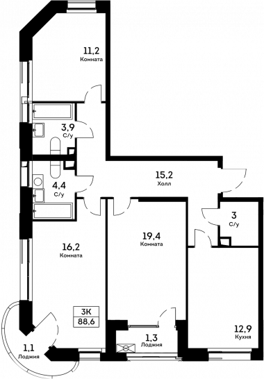 Трёхкомнатная квартира 88.6 м²