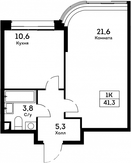 Однокомнатная квартира 41.3 м²